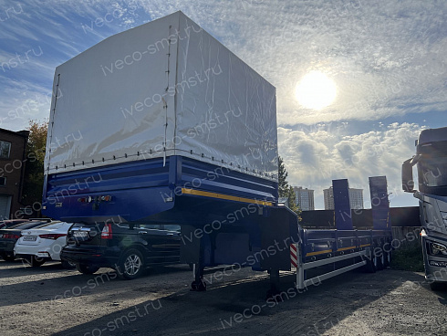 Среднерамный полуприцеп-тяжеловоз САВ 931803 (530010) г/п 39,5 тн, 3 оси; борта-уширители, тент, мехтрапы